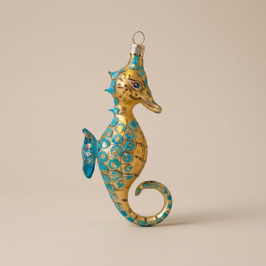 Gold and turquoise glass seahorse ornament