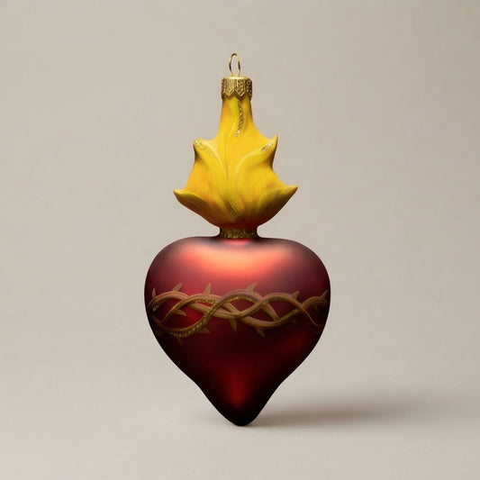 Red glass sacred heart ornament with crown of thorns and flame