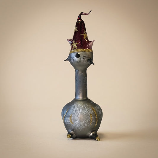 Grey glass cat figurine with purple wizard hat
