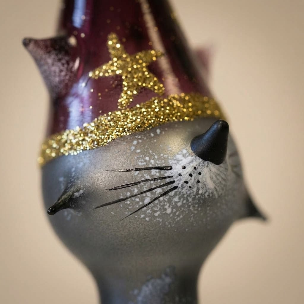 Dettaglio del muso dipinto a mano e del cappello con stelle oro