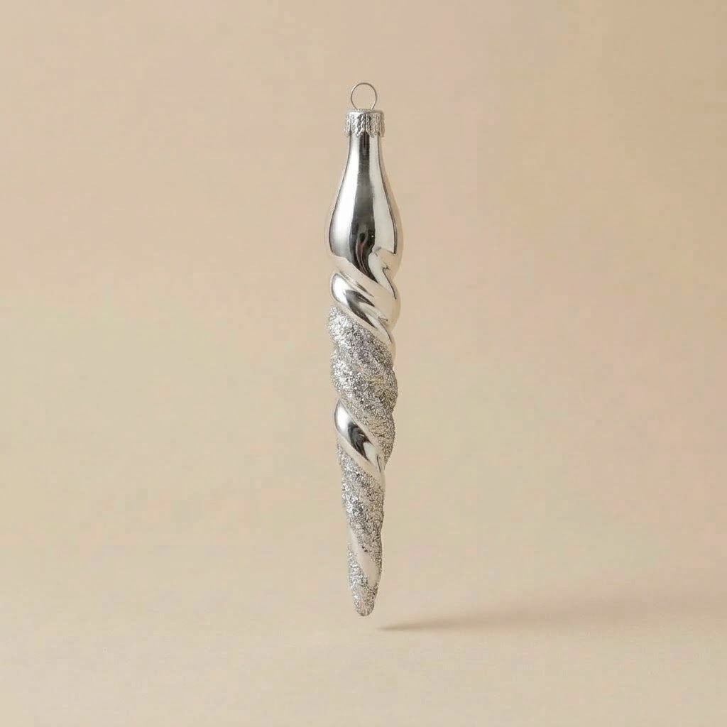 Ghiacciolo di Natale in vetro decorato a mano: spirale argento con glitter