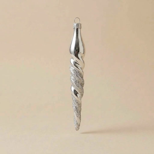 Hand-decorated glass icicle Christmas ornament: silver spiral with glitter