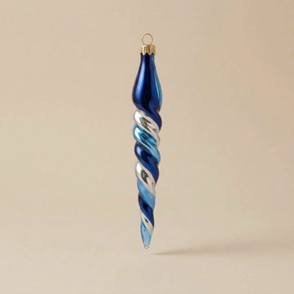 Hand-decorated glass icicle Christmas ornament: blue, light blue and silver spiral