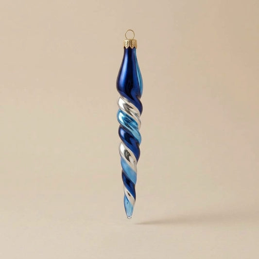 Hand-decorated glass icicle Christmas ornament: blue, light blue and silver spiral