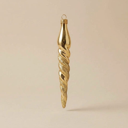 Hand-decorated glass icicle Christmas ornament: gold spiral with gold glitter