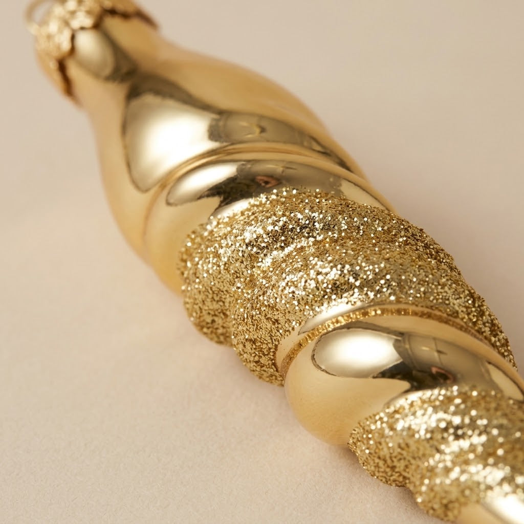 Dettaglio della spirale oro lucido e glitter dorato del ghiacciolo in vetro soffiato