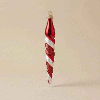 Ghiacciolo di Natale in vetro decorato a mano: spirale rossa e bianca con glitter