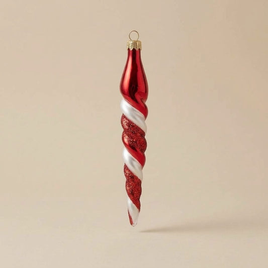 Hand-decorated glass icicle Christmas ornament: red and white spiral with glitter