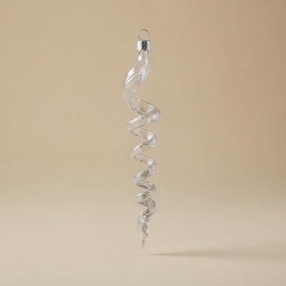 Clear glass spiral icicle with silver glitter