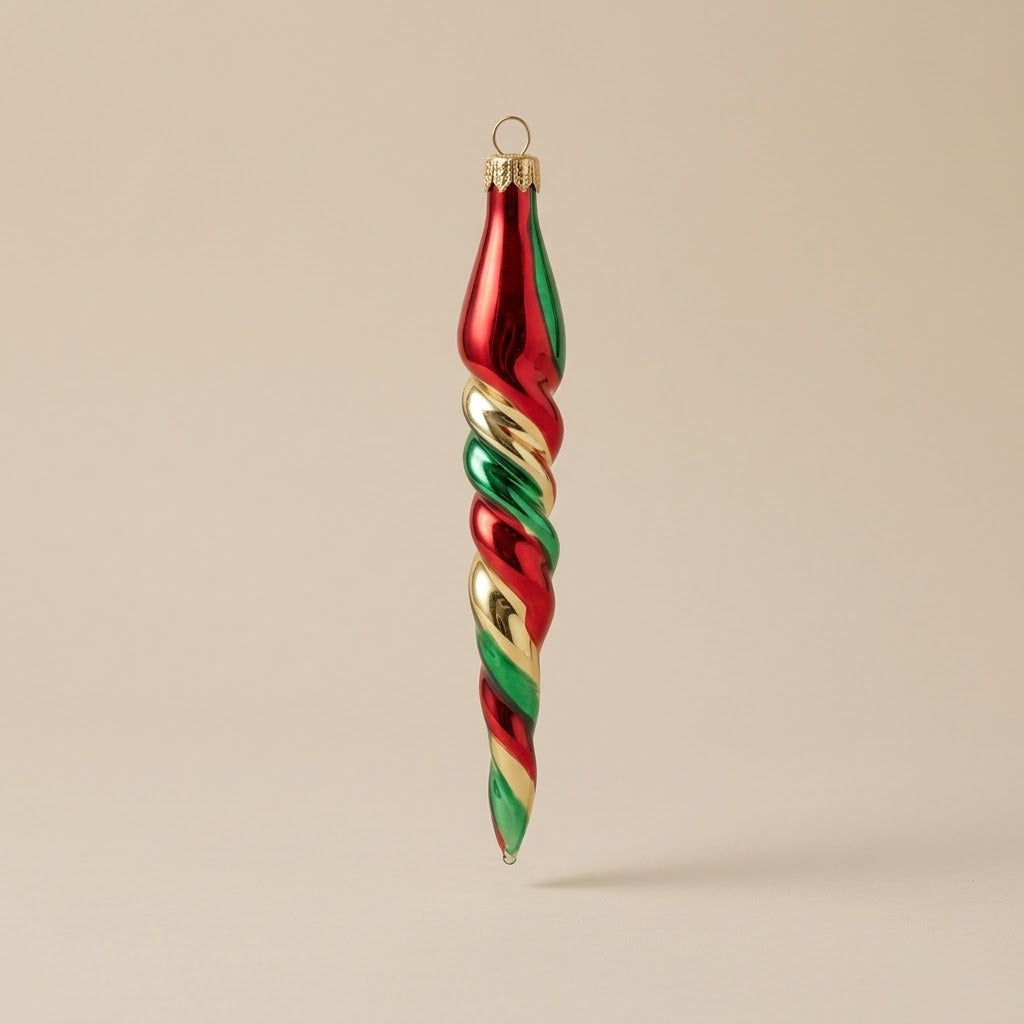 Ghiacciolo di Natale in vetro decorato a mano: spirale verde, oro e rossa