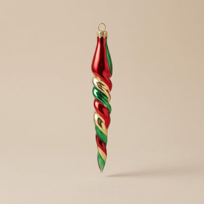 Ghiacciolo di Natale in vetro decorato a mano: spirale verde, oro e rossa