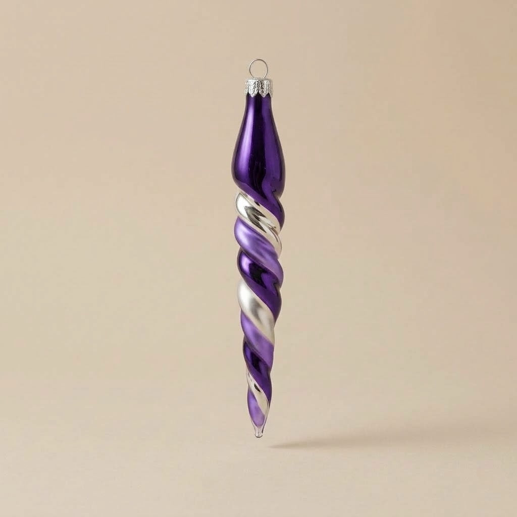 Ghiacciolo di Natale in vetro decorato a mano: spirale viola, lilla e argento