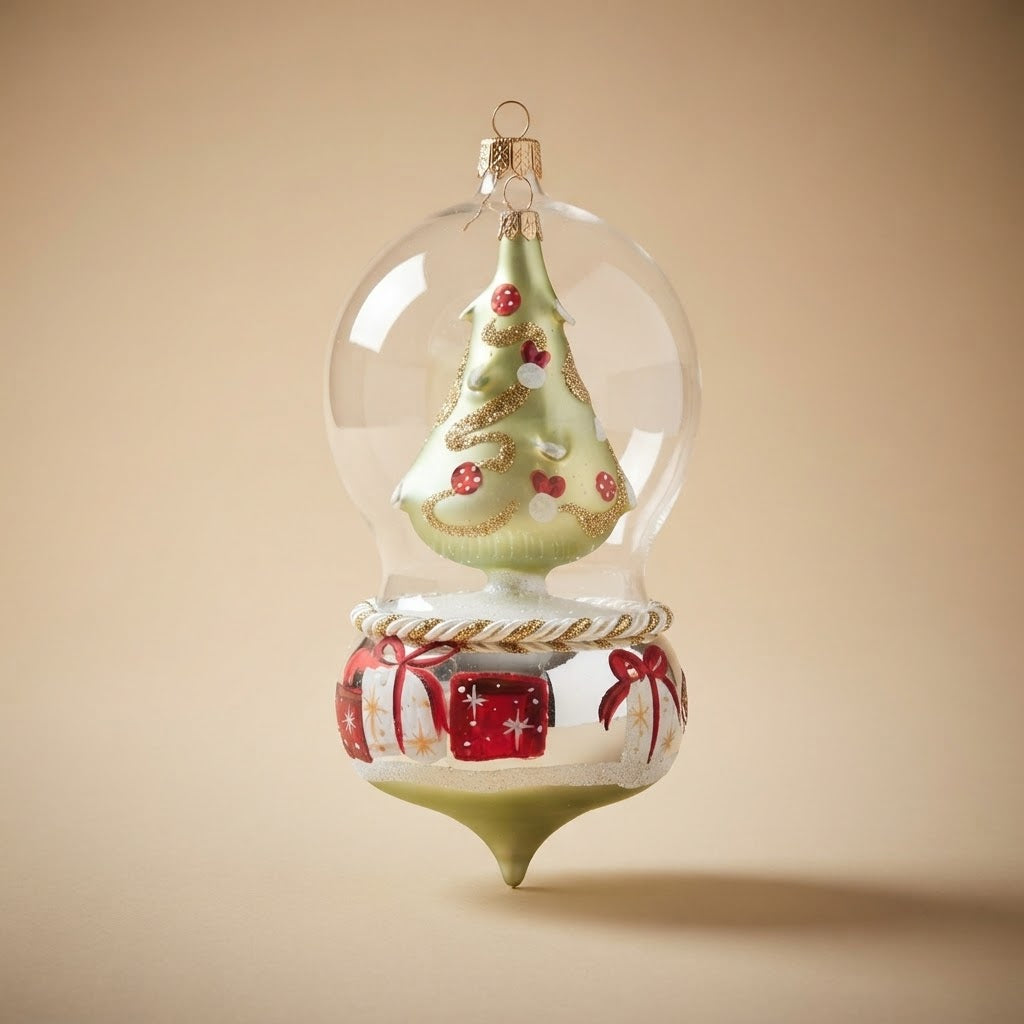 Giostra di Natale con albero nella bolla e regali – vista intera