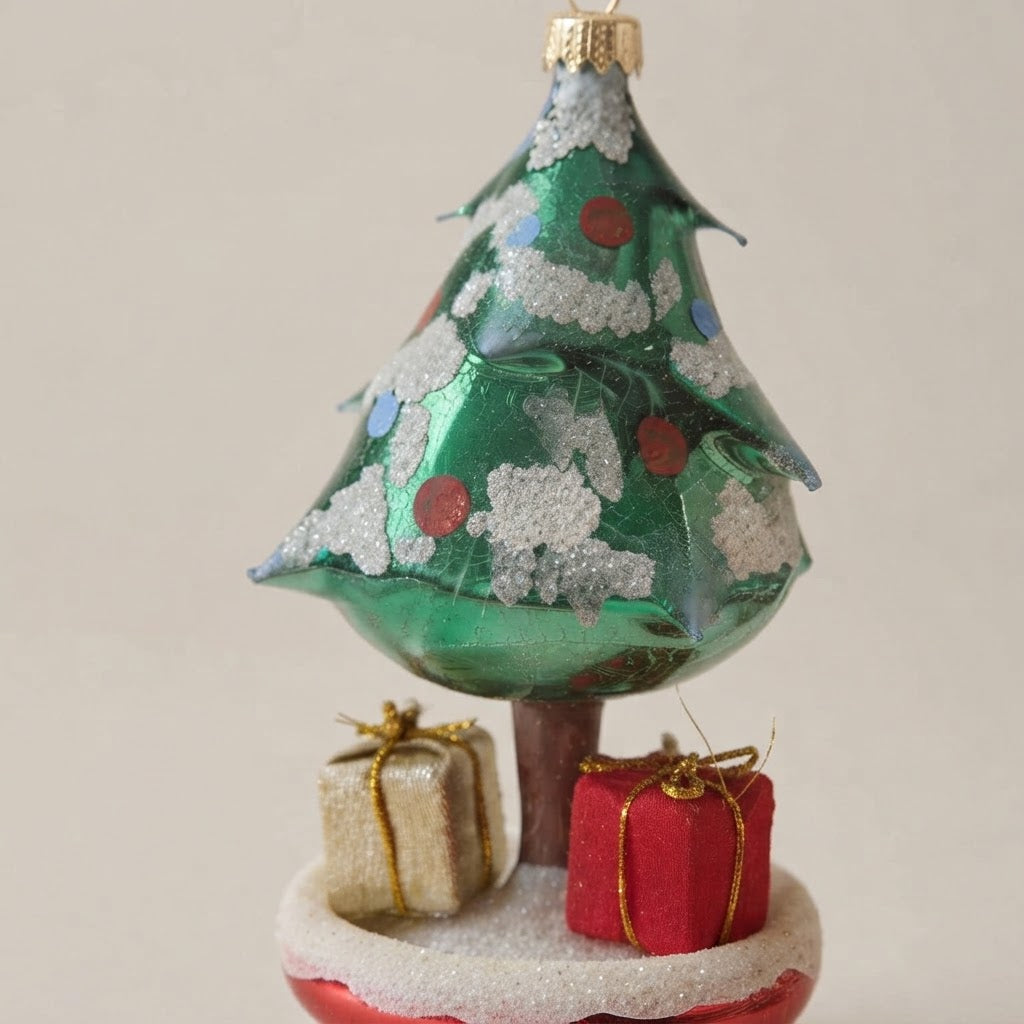 Giostra di Natale con albero e doni dipinta a mano: dettaglio della decorazione