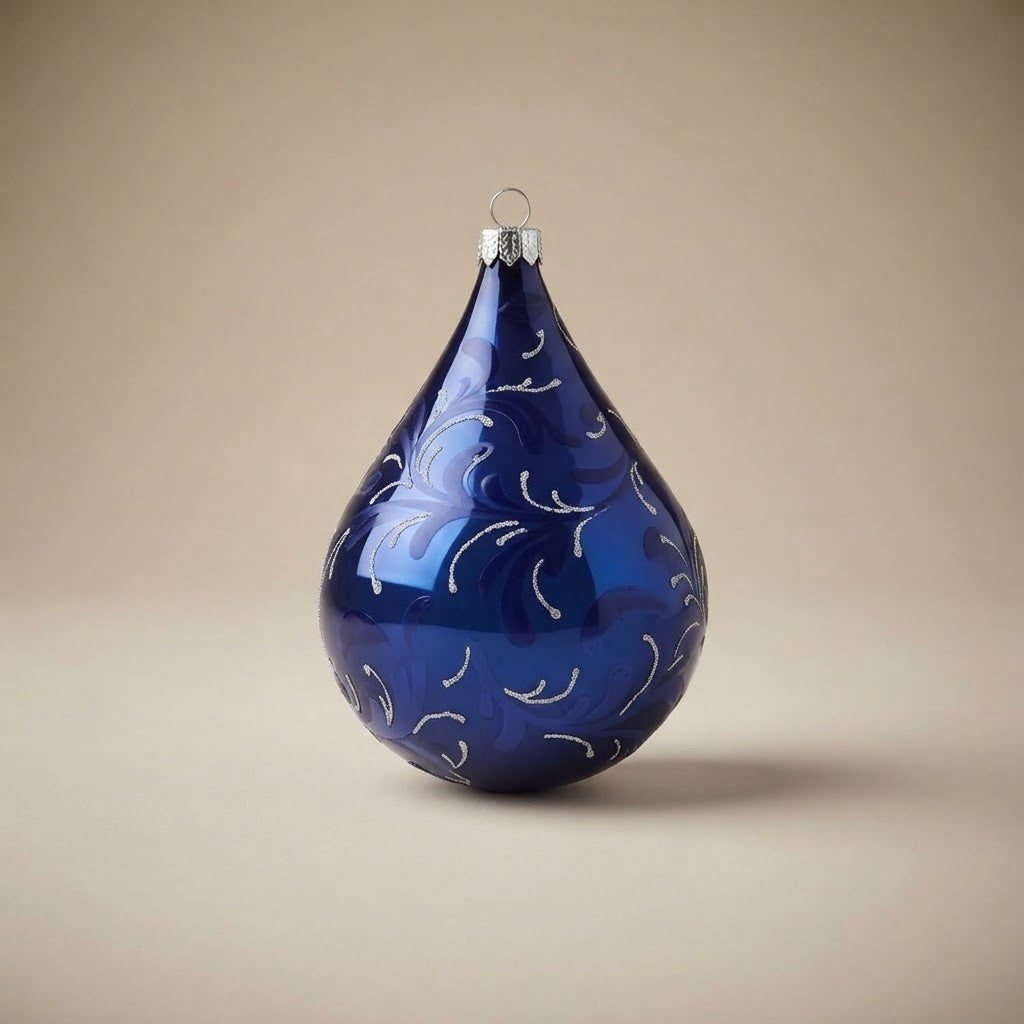 Cobalt blue glass teardrop ornament with silver glitter swirls