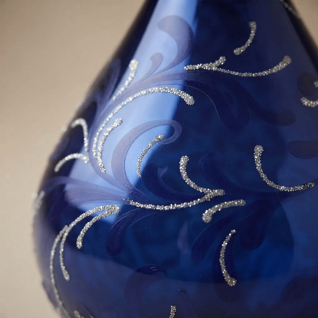 Close-up of the silver glitter swirls on blue glass