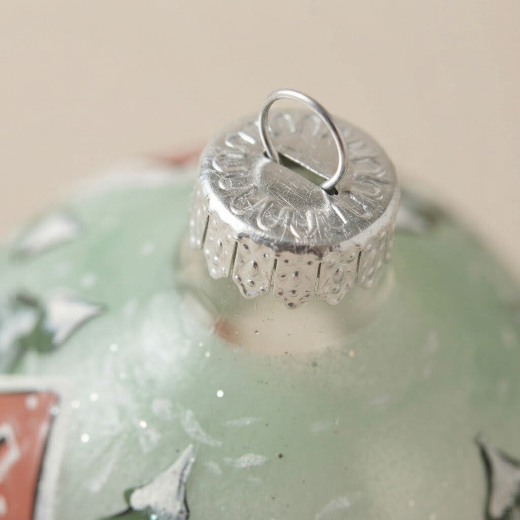 Close-up: Christmas drop ornament with a snowy village on green