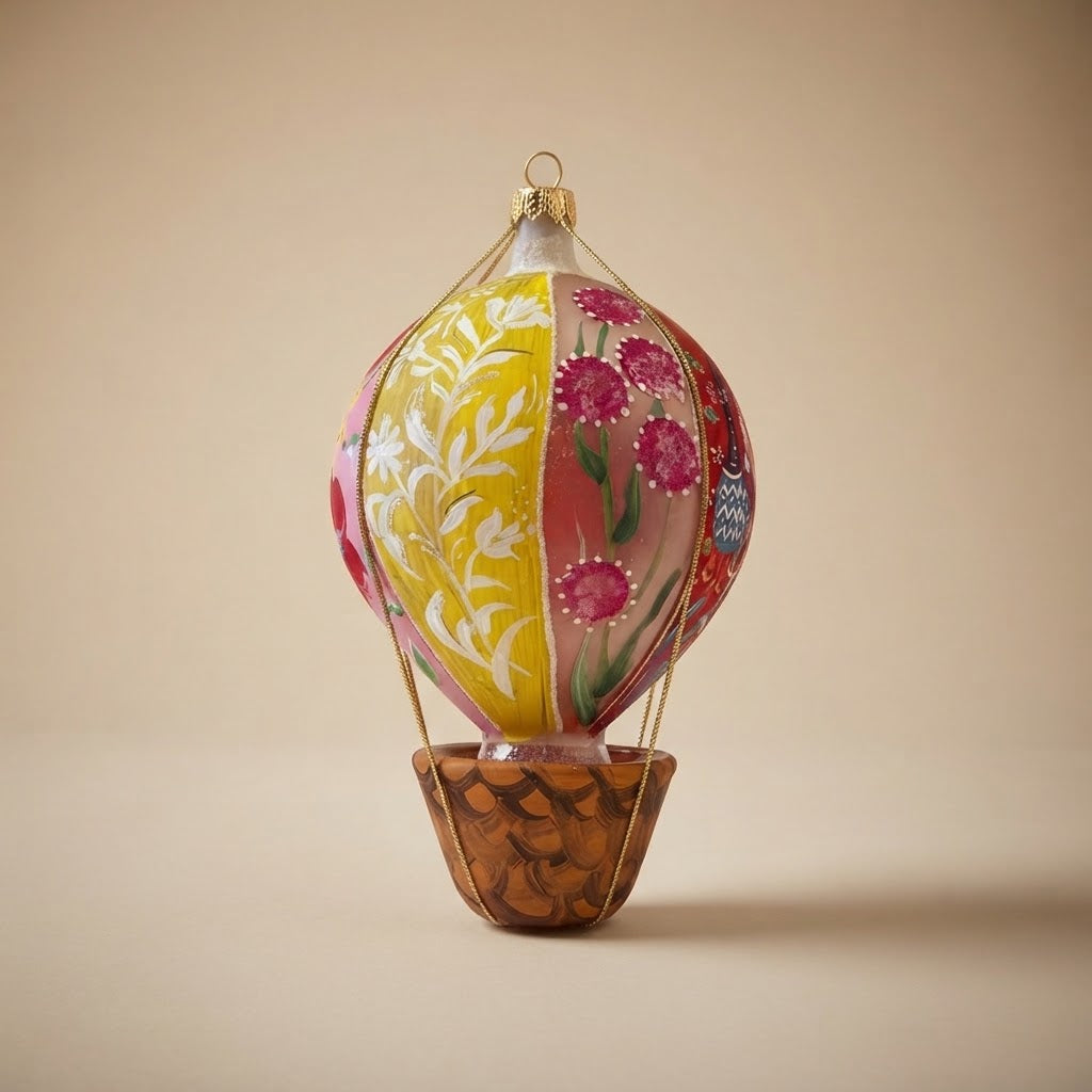 Hand-painted glass hot air balloon, yellow side with white branches and pink side with fuchsia flowers