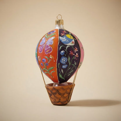 Hand-painted glass hot air balloon, orange side with butterfly and purple side with light blue bird