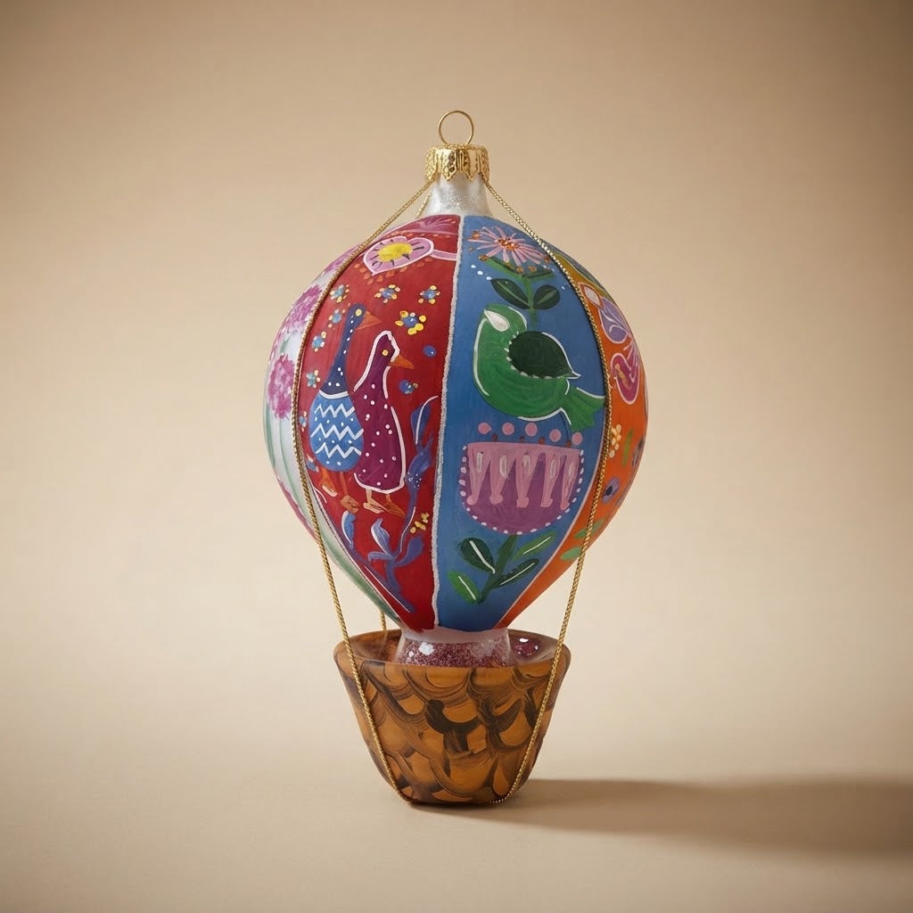 Hand-painted glass hot air balloon, red side with ducks and blue side with green bird