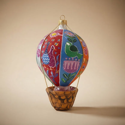 Hand-painted glass hot air balloon, red side with ducks and blue side with green bird