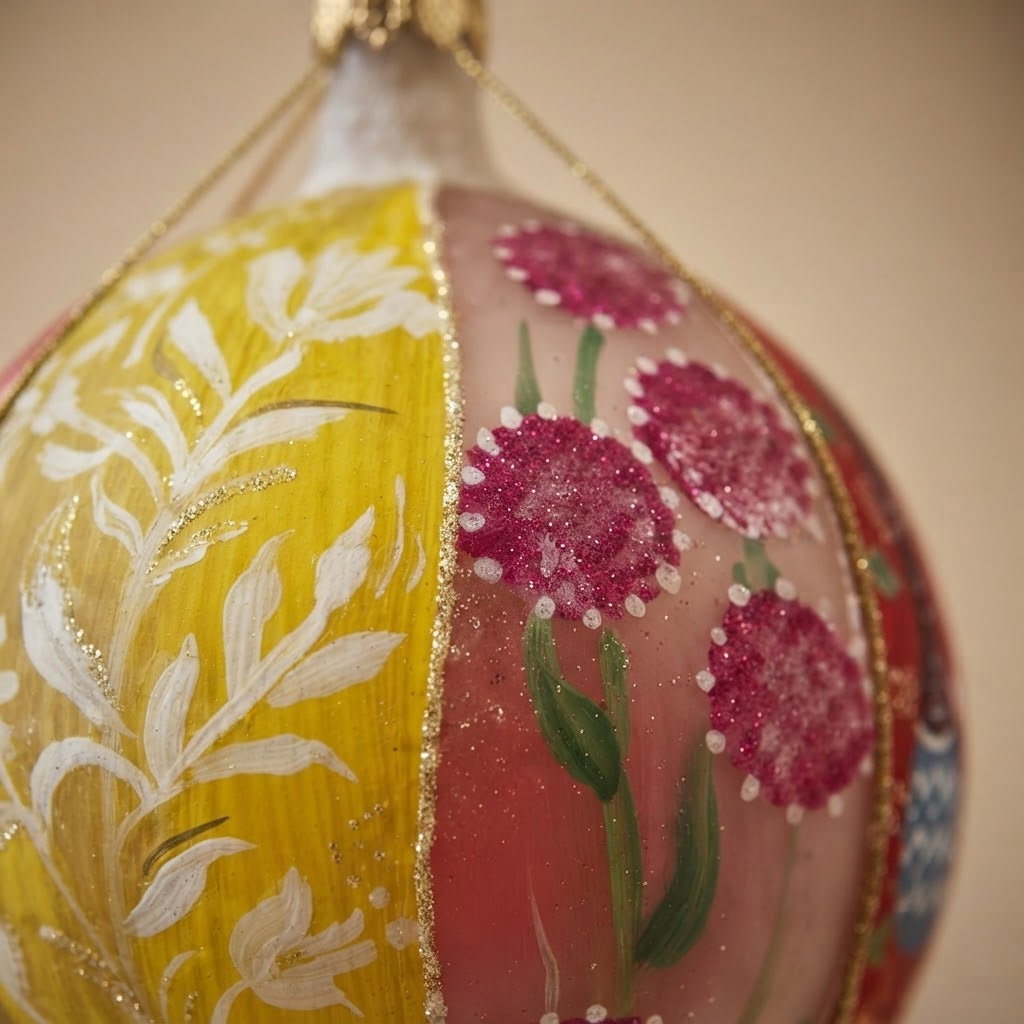 Close-up of the hand-painted fuchsia glitter flowers and white branches