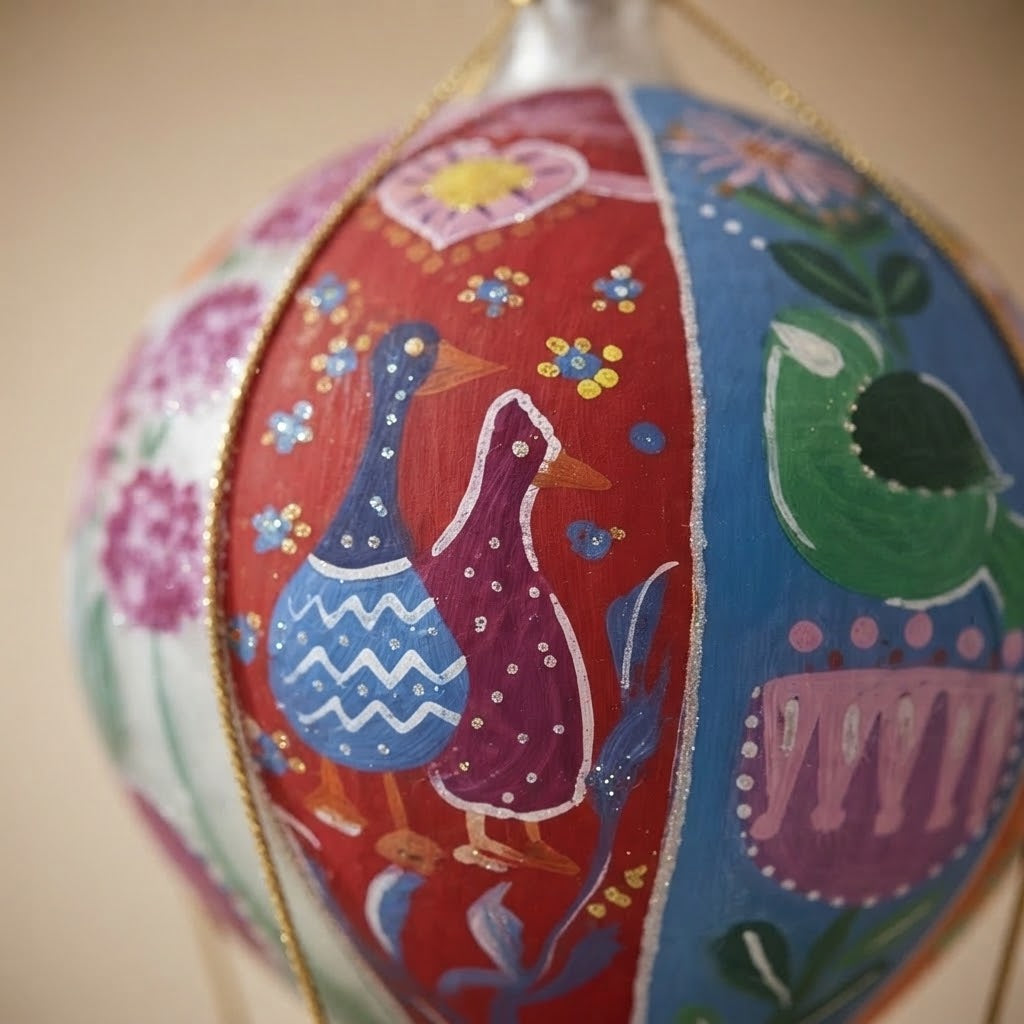Close-up of the two hand-painted ducks and the green bird