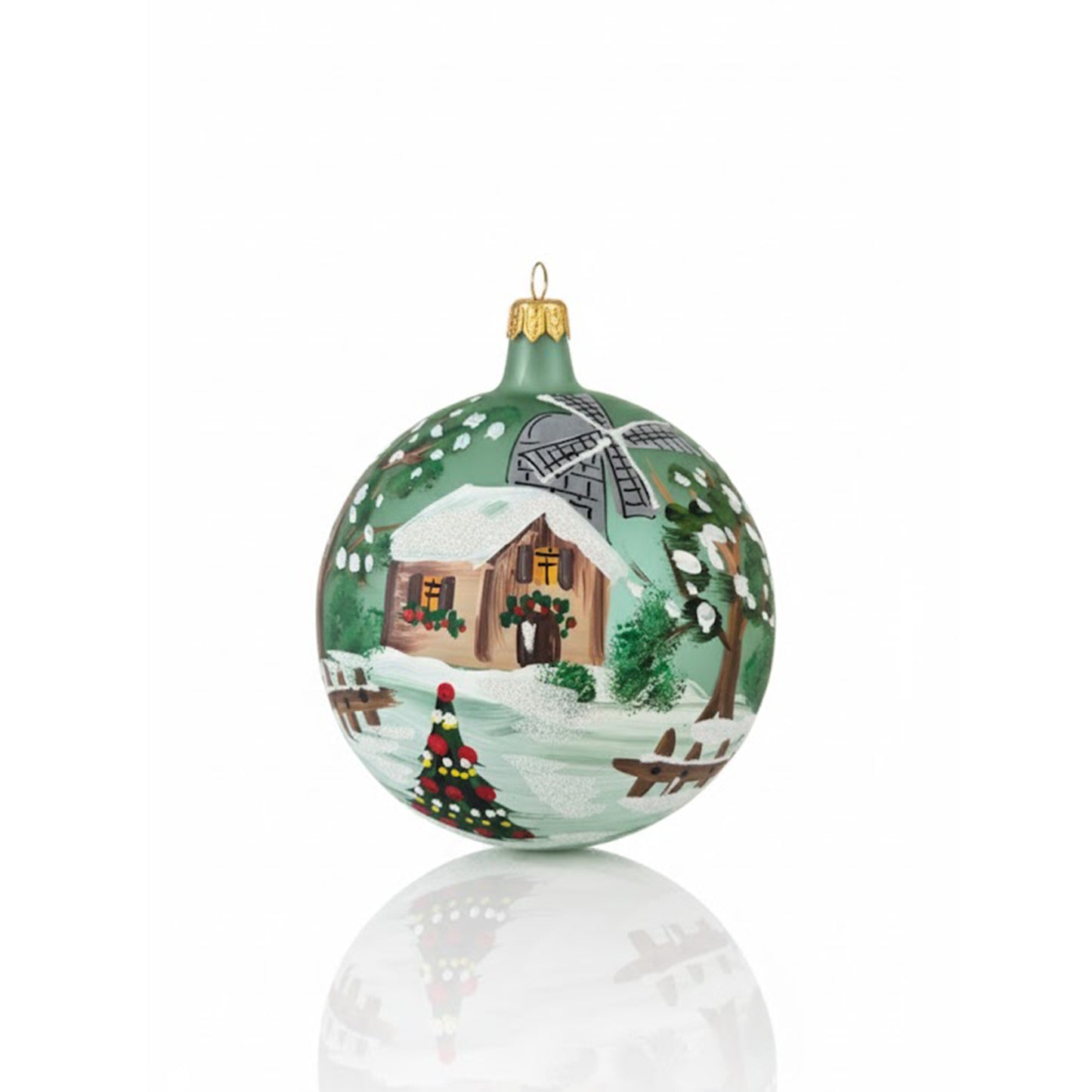 Hand-painted blown glass sphere Ø 100 mm with mill and snowy landscape