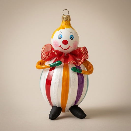 Striped glass clown ornament with red ruff