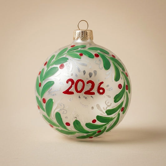 Palla di Natale Ø 10 cm dipinta a mano: anno 2026 in una ghirlanda verde su fondo bianco perla