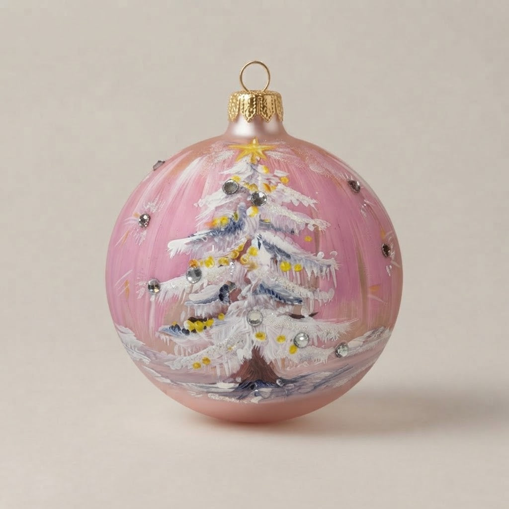 Palla di Natale abete innevato su rosa Ø 10 cm, vetro soffiato e dipinto a mano