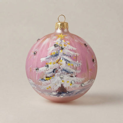 Palla di Natale abete innevato su rosa Ø 10 cm, vetro soffiato e dipinto a mano