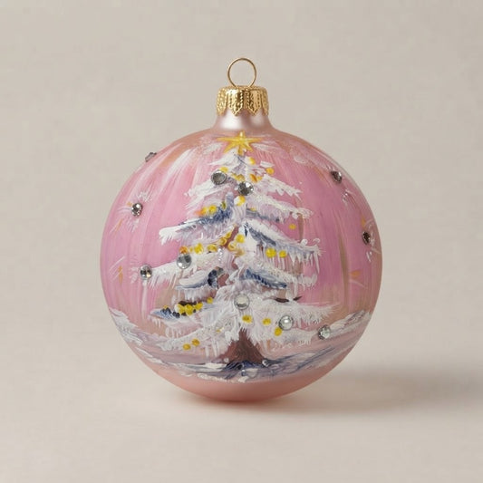 Palla di Natale abete innevato su rosa Ø 10 cm, vetro soffiato e dipinto a mano