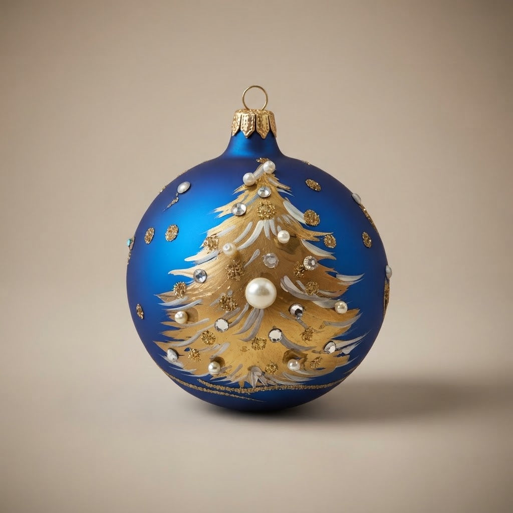 Palla di Natale albero dorato con perle su blu, Ø 10 cm