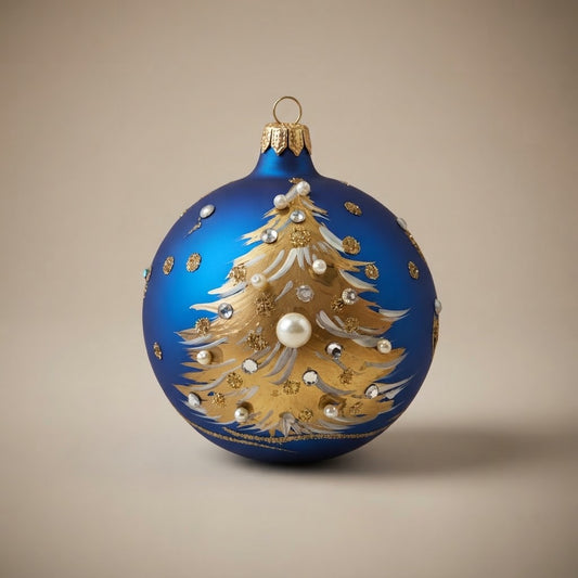 Palla di Natale albero dorato con perle su blu, Ø 10 cm