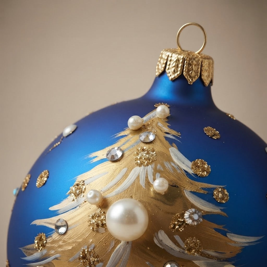 Palla di Natale albero dorato con perle su blu, Ø 10 cm – dettaglio del decoro