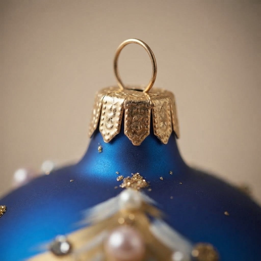 Palla di Natale albero dorato con perle su blu, Ø 10 cm – dettaglio del cappuccio