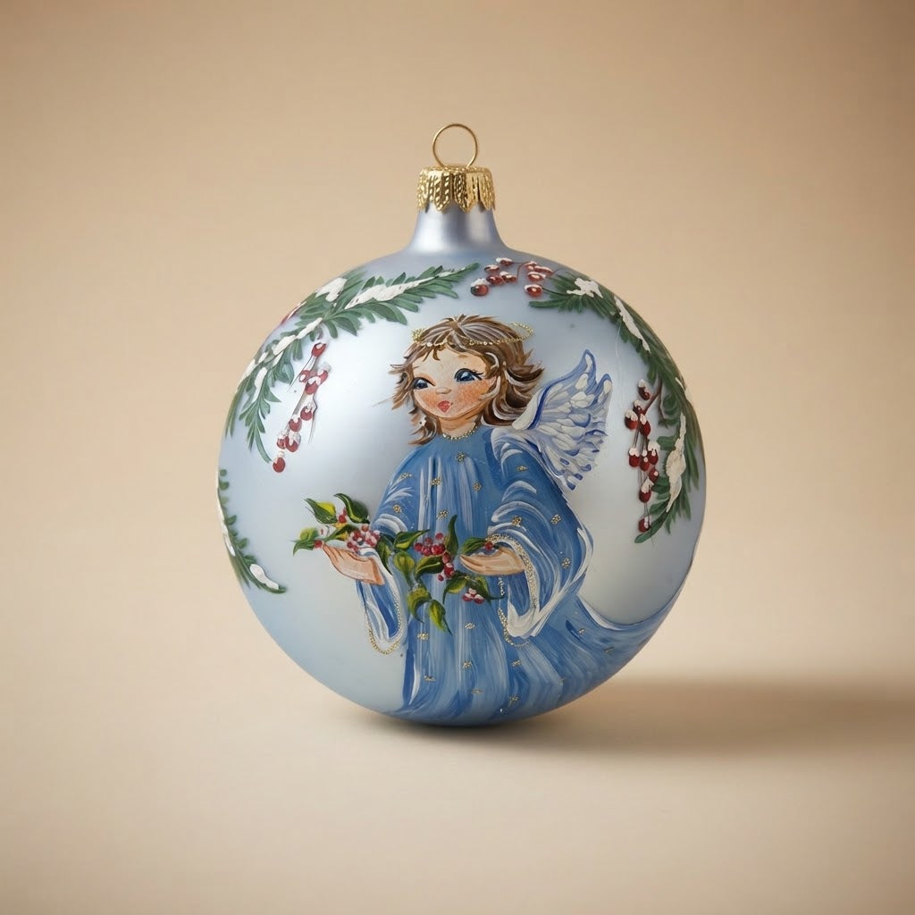 Christmas ornament with a little angel and holly on light blue, 4.7 in (12 cm)