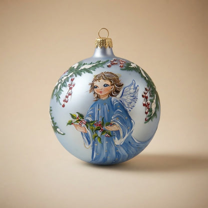 Christmas ornament with a little angel and holly on light blue, 4.7 in (12 cm)