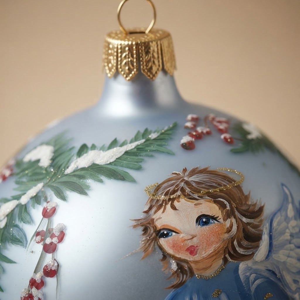 Design detail: Christmas ornament with a little angel and holly on light blue, 4.7 in (12 cm)