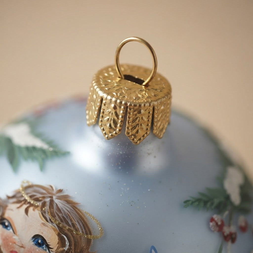 Close-up: Christmas ornament with a little angel and holly on light blue, 4.7 in (12 cm)