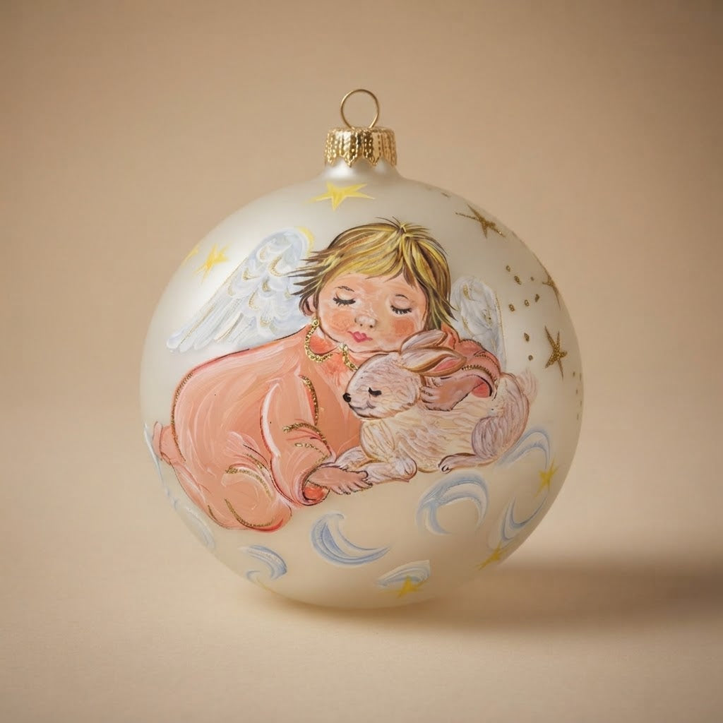 4.7 in Christmas ornament with hand-painted little angel and bunny