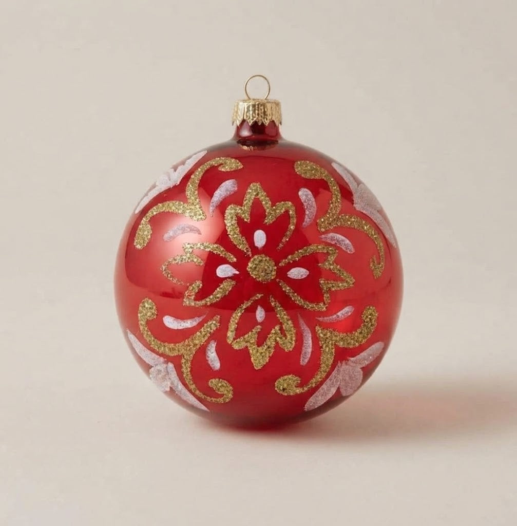 Palla di Natale Ø 10 cm rossa con arabesco in glitter oro