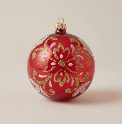 Palla di Natale Ø 10 cm rossa con arabesco in glitter oro
