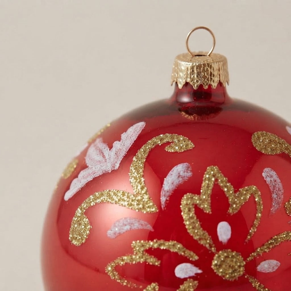 Dettaglio dell'arabesco oro e bianco su rosso lucido