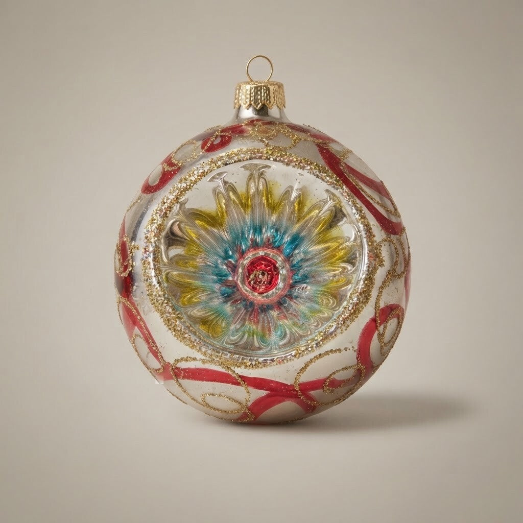 Silver reflector Christmas ornament with red ribbons, 4 in (10 cm) · Unica collection