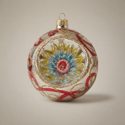 Silver reflector Christmas ornament with red ribbons, 4 in (10 cm) · Unica collection