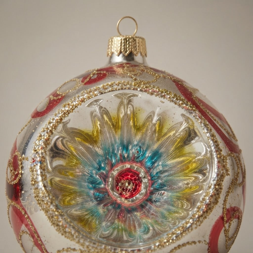 Decoration detail: Silver reflector Christmas ornament with red ribbons, 4 in (10 cm) · Unica collection