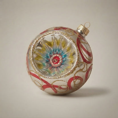 Close-up: Silver reflector Christmas ornament with red ribbons, 4 in (10 cm) · Unica collection