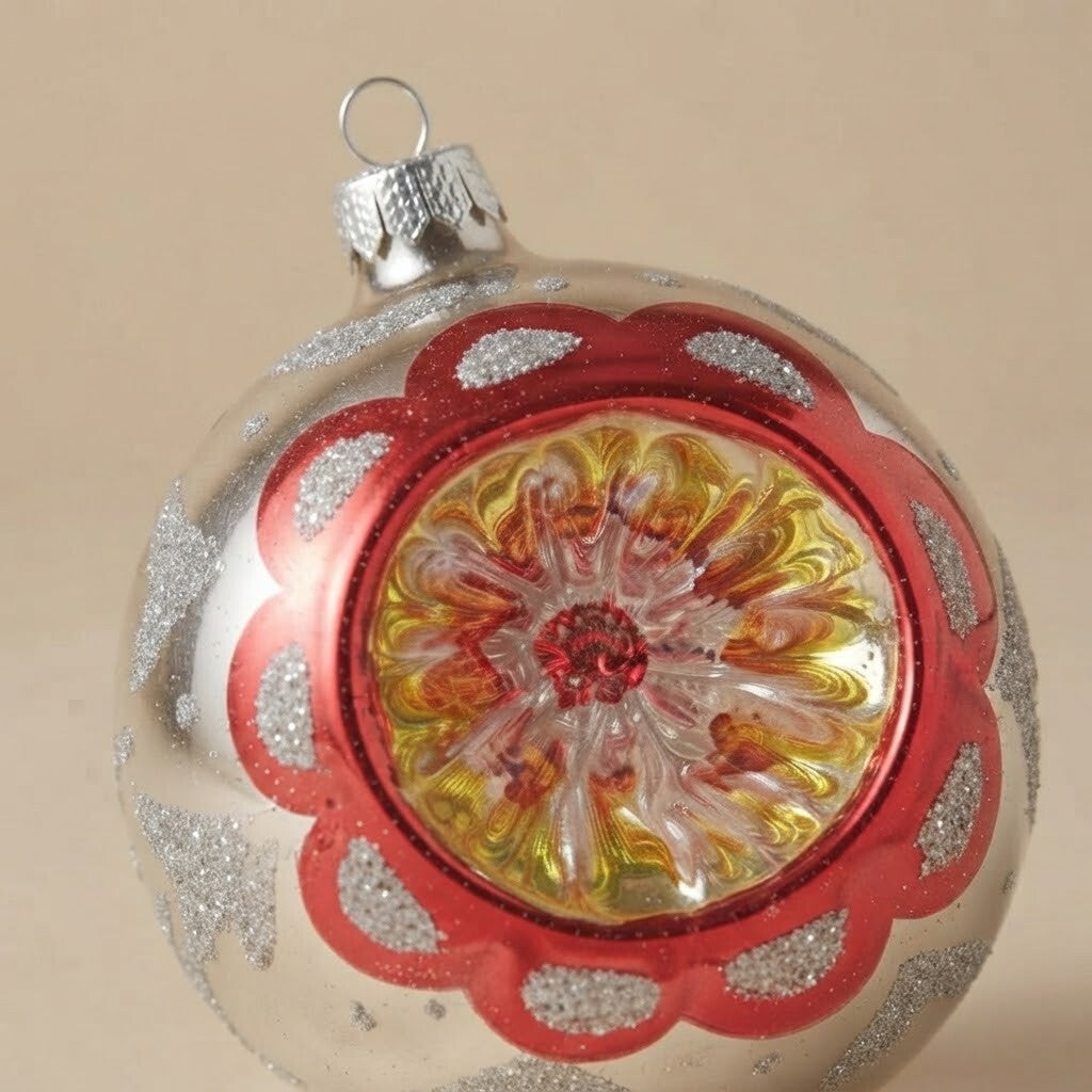 Dettaglio del decoro: palla di Natale argento e rossa a riflettore, Ø 10 cm · Unica collection